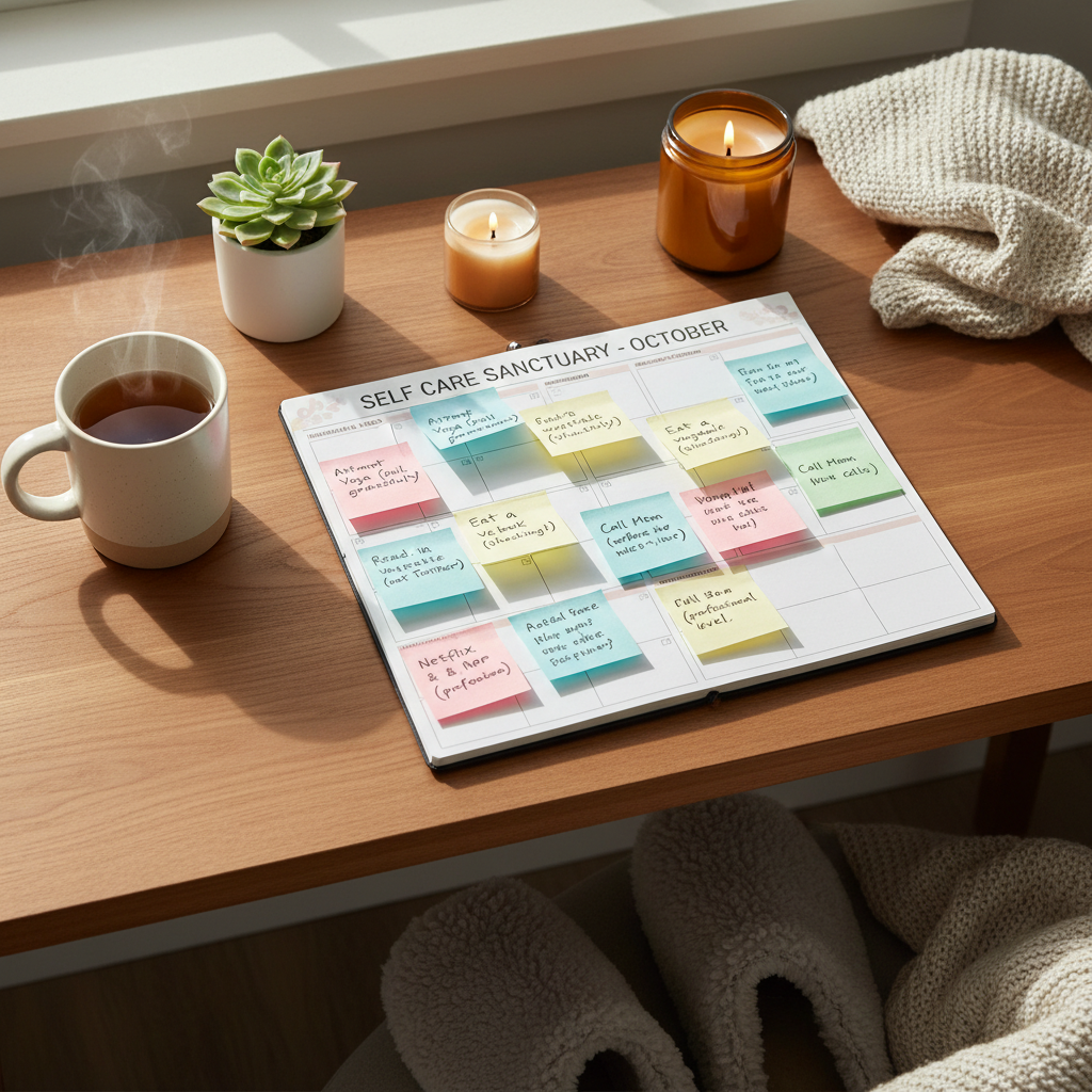 A cheerful and motivational scene showing a person happily customizing their self care planner with stickers, colors, and notes, symbolizing tips for beginners and personalizing the planner to encourage consistent use.