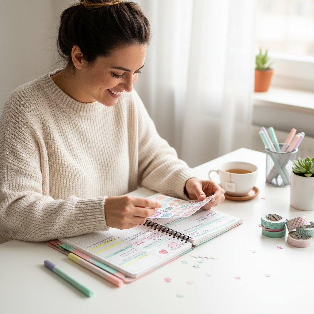 A step-by-step visual guide of creating a self care planner, depicting reflection and intention setting, choosing a planning medium (digital app, printable, or journal), scheduling activities, tracking progress, and monthly reflection with planners, habit trackers, and calendars.