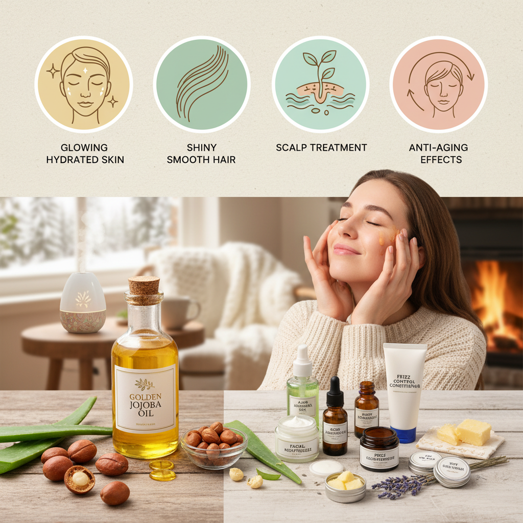 A person applying jojoba oil to their face and hair with a warm, cozy winter background symbolizing hydration and skin transformation.