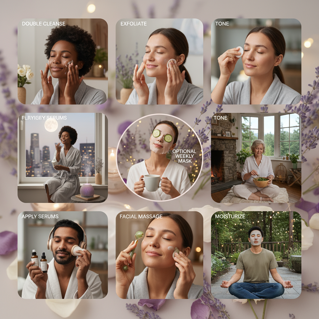 Lifestyle depiction showing diverse people in different settings (city, countryside) following a customizable nighttime skincare routine, highlighting adaptability and self-care.