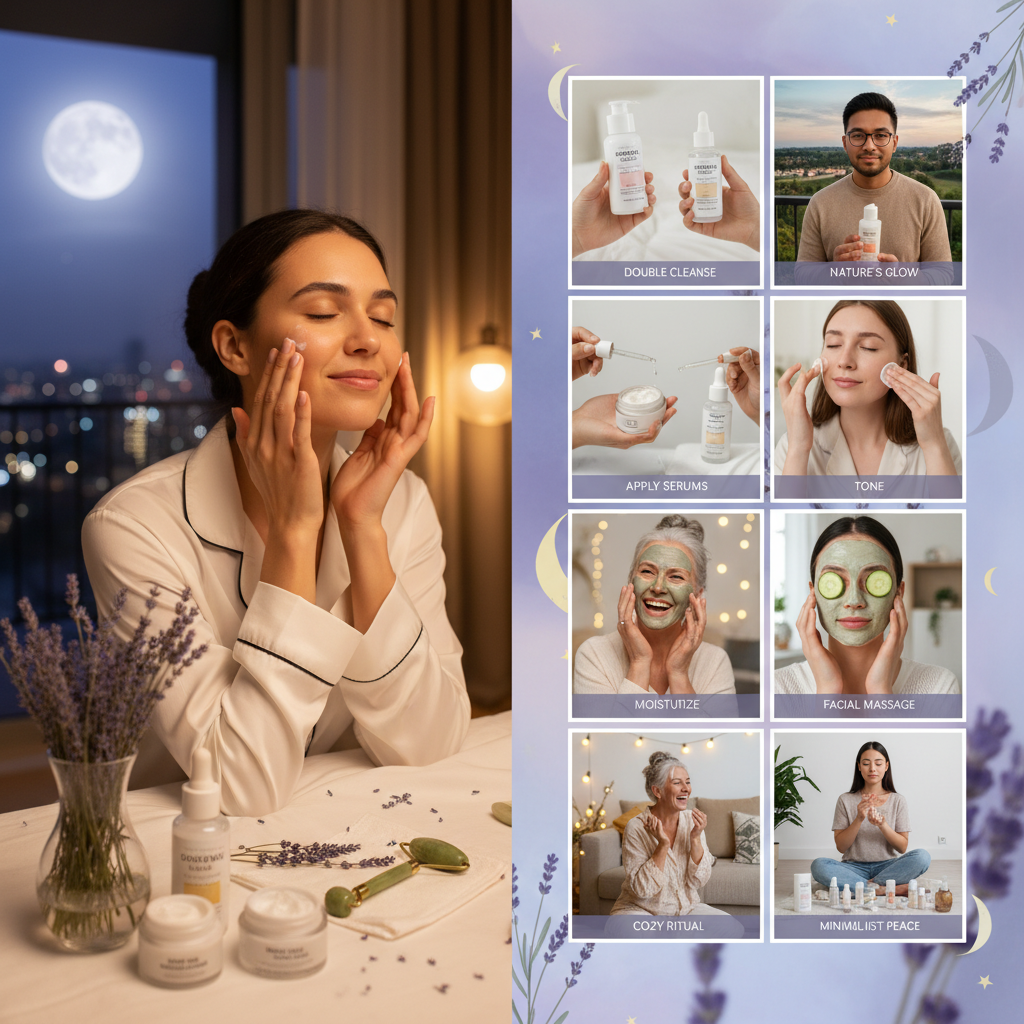 Close-up image of a person doing a gentle facial massage using fingers or a jade roller, surrounded by calming elements like lavender flowers and soft lighting to convey relaxation.
