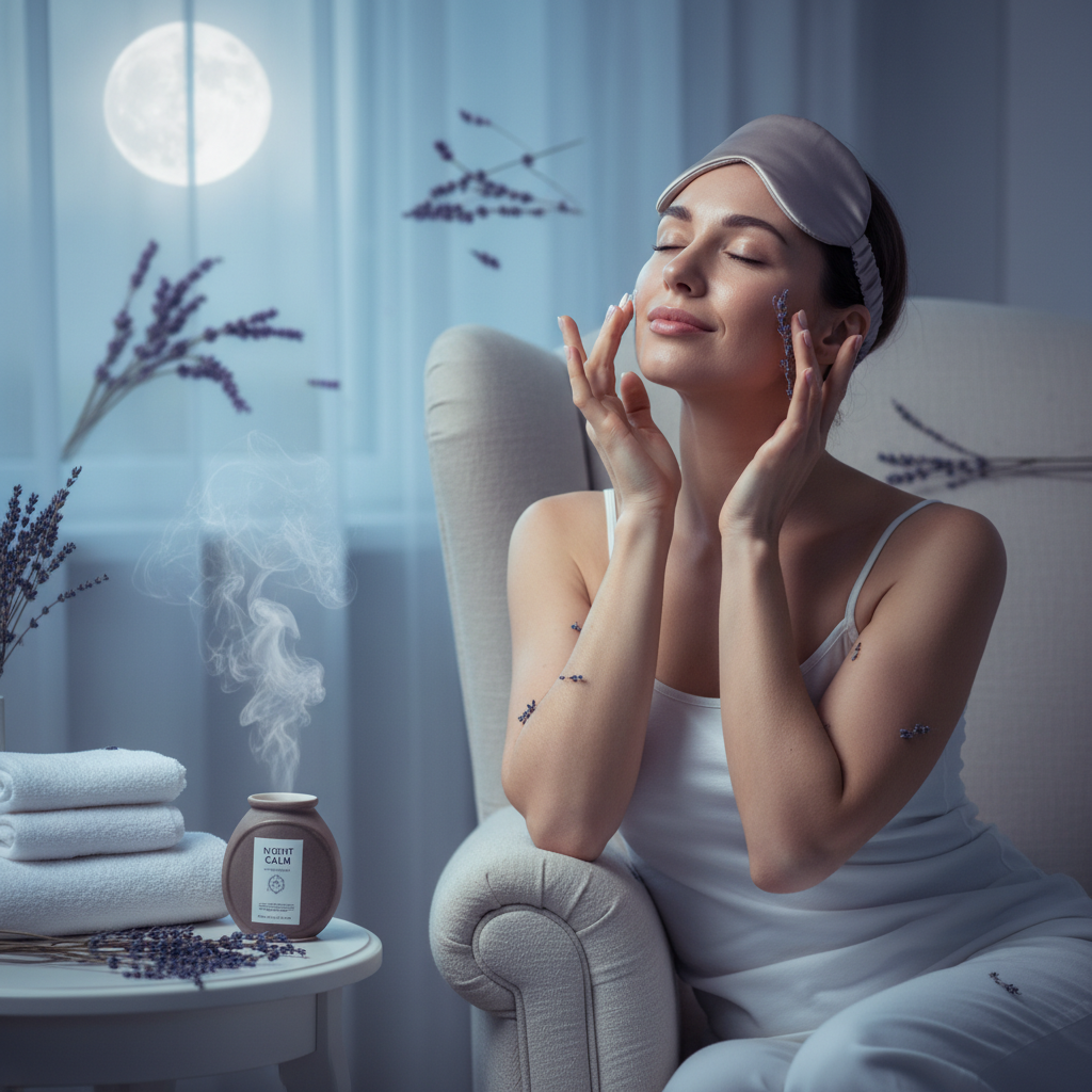 Step-by-step visual guide of the nighttime skincare routine: double cleansing, exfoliating, toning, applying serums, moisturizing, facial massage, and optional weekly mask with soothing background.