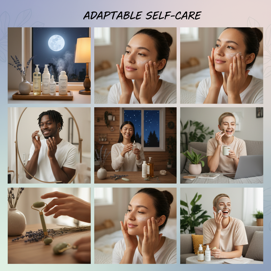Illustration showing the importance of nighttime skincare for relaxation and skin health, featuring a calm person applying products with elements like lavender and moonlight to emphasize relaxation.