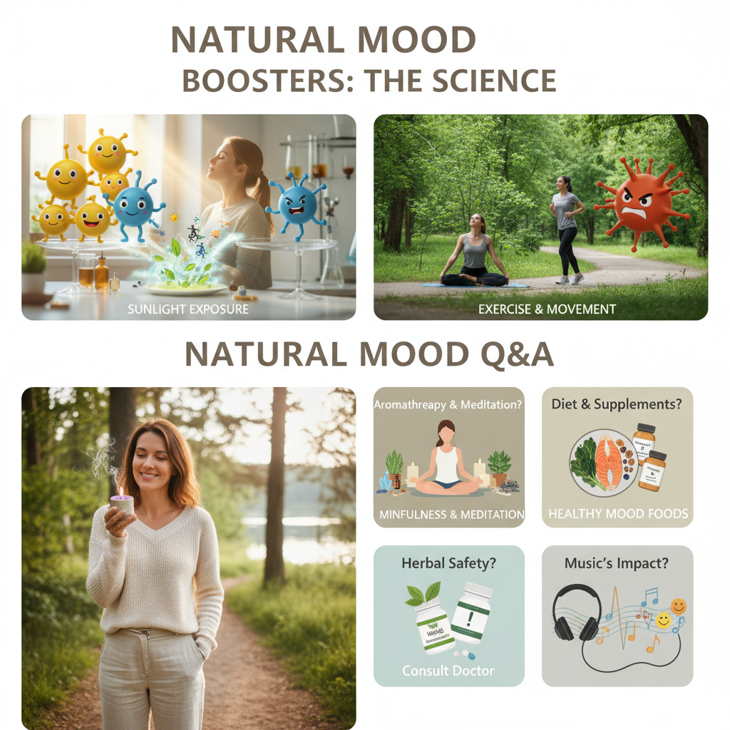 Illustration of brain chemistry showing serotonin, dopamine, and cortisol neurotransmitters balancing mood naturally, highlighting the science behind natural mood boosters.