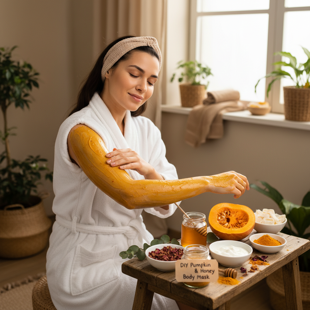A soothing scene of a person applying a natural DIY body mask made with ingredients like pumpkin, turmeric, honey, and yogurt in a cozy home setting, highlighting the natural and homemade aspect of body masks.