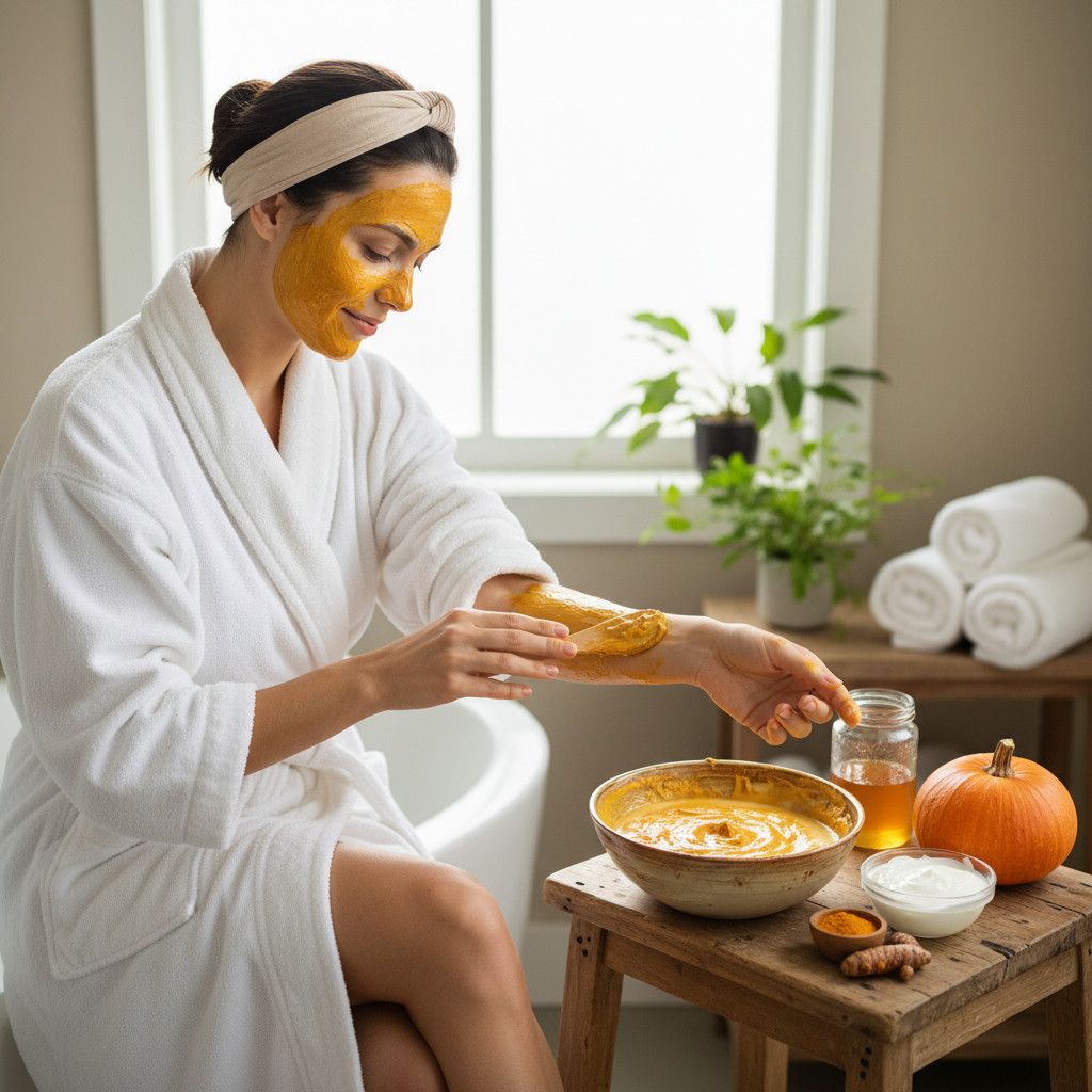 A calming spa-like setting featuring tips for skincare such as applying body masks, rinsing with lukewarm water, moisturizing, and using essential oils, evoking a tranquil skincare ritual atmosphere.