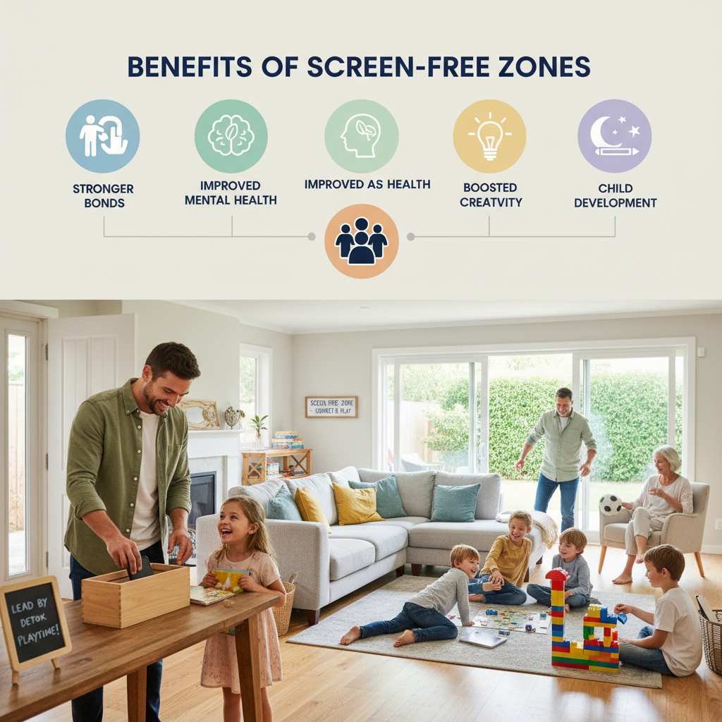 A cozy living room setting designated as a screen-free zone, with family members playing board games, storytelling, and engaging in outdoor play nearby.