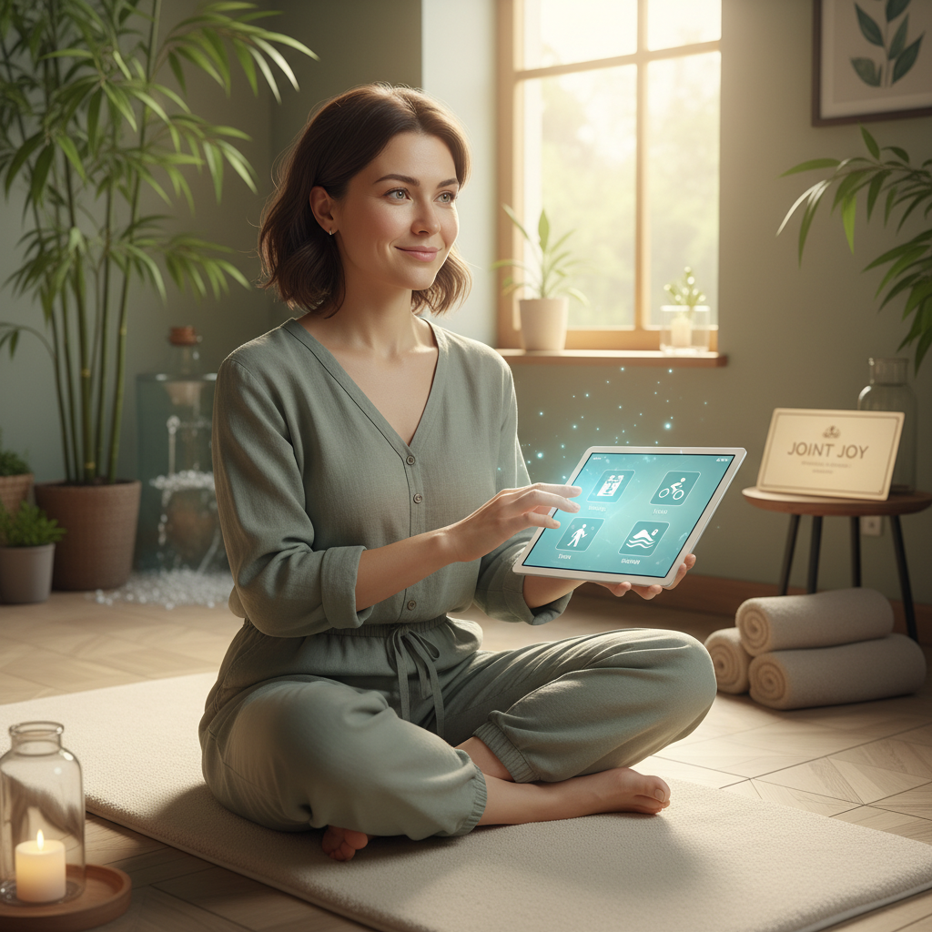 Step-by-step visual guide of the easy-to-follow low impact exercise routine: warm-up with marching and shoulder rolls, main workout with walking or cycling, bodyweight exercises, yoga stretches, and a cool down with deep breathing.