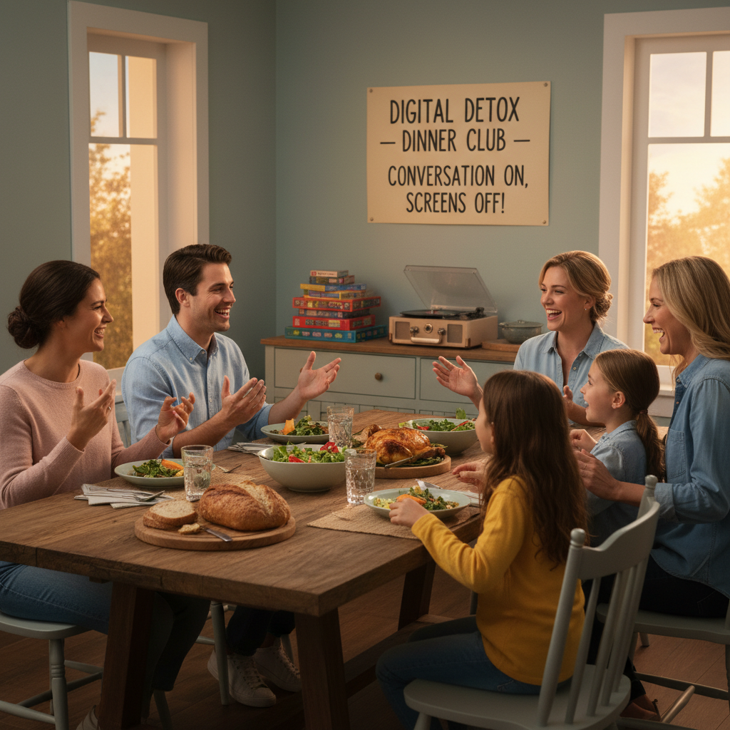 An infographic-style image listing the benefits of screen-free zones, including stronger family bonds, improved mental health, better sleep, boosted creativity, and child development.