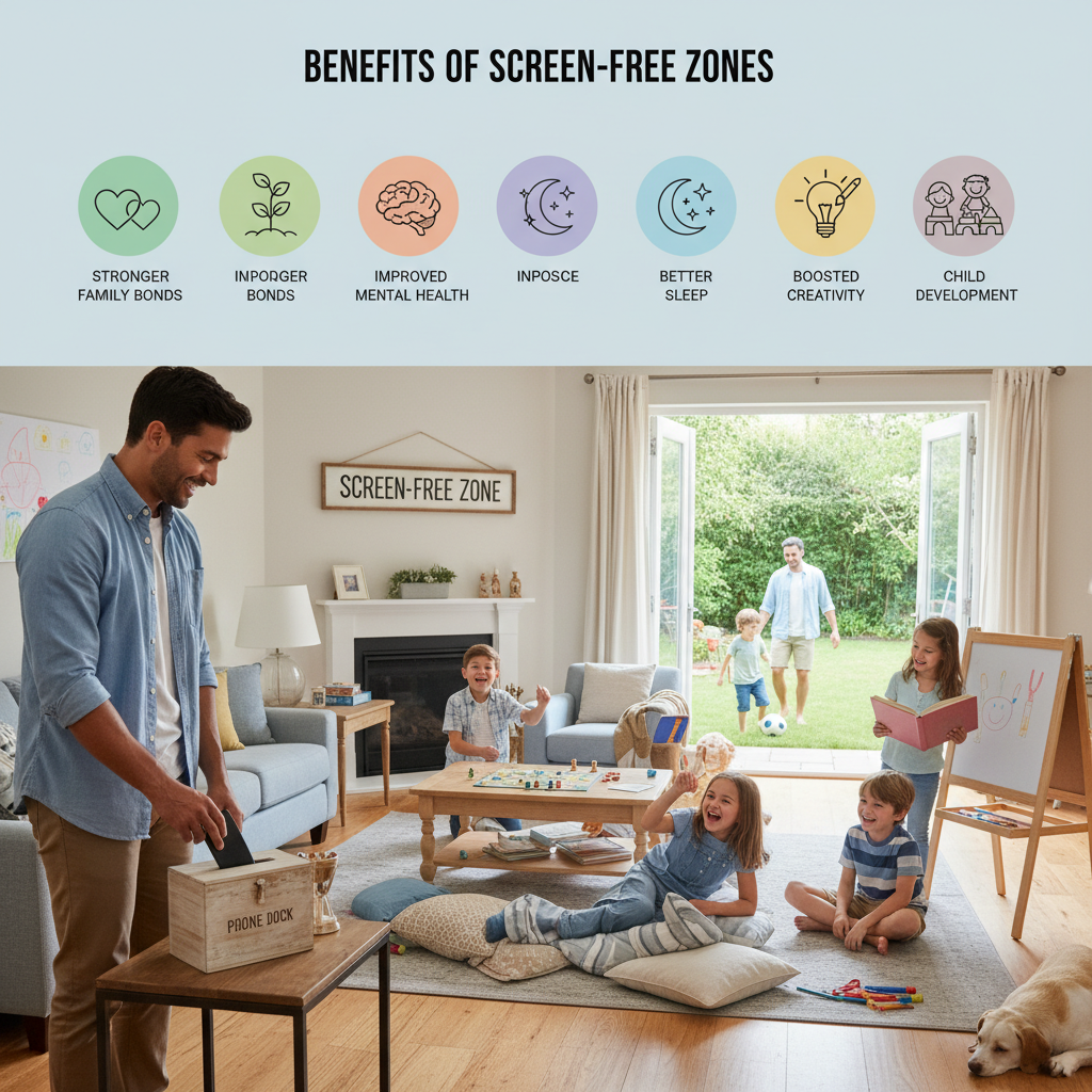 A father or mother setting a positive example by putting away their phone, with children happily engaged in screen-free activities, demonstrating leading by example.