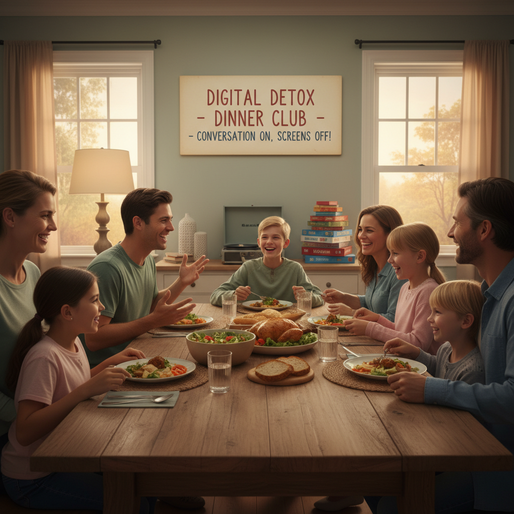 A warm family dinner scene around a table with no screens visible, showing smiling faces and lively conversation, emphasizing connection and digital detox.
