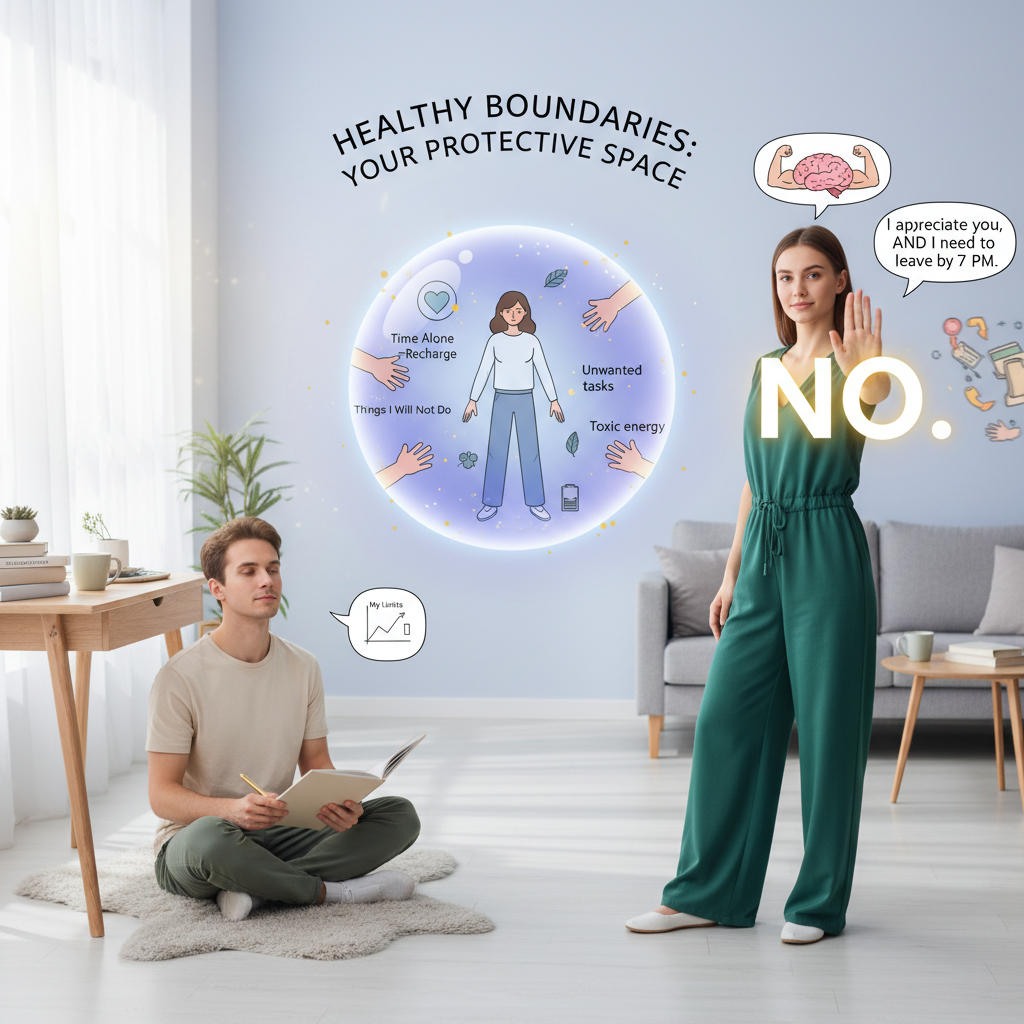 Calm person reflecting during boundary-setting journaling exercise