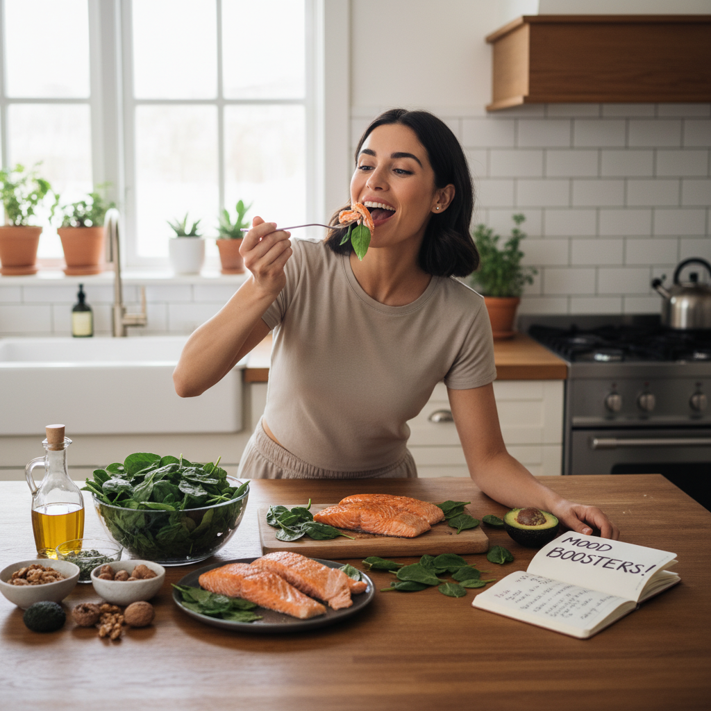 A vibrant, colorful arrangement of mood boosting foods on a table: dark chocolate, fatty fish like salmon and sardines, bananas, berries, nuts and seeds, oats, spinach, fermented foods, and sweet potatoes representing the variety of happiness-enhancing foods.