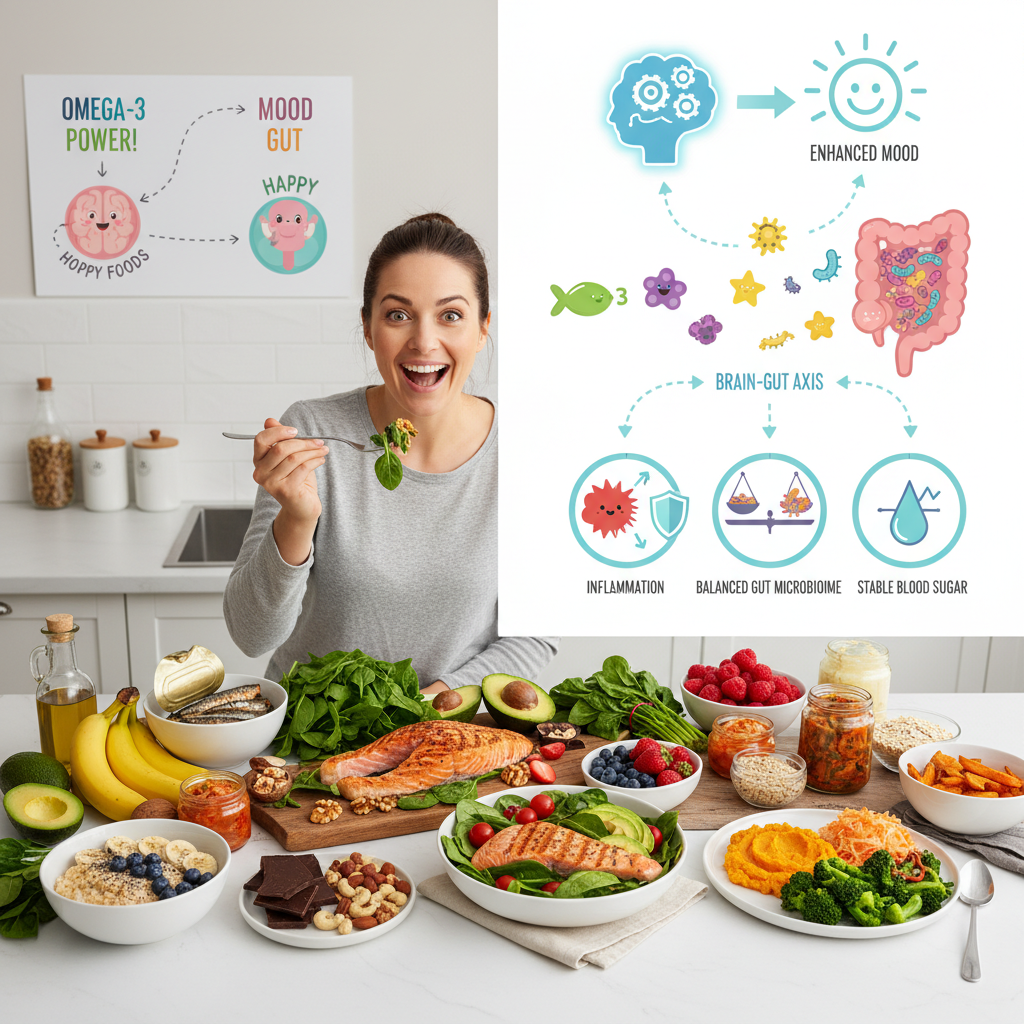 A cozy kitchen scene with a person happily preparing a salmon and spinach salad, highlighting omega-3 rich foods and fresh greens, to illustrate the personal story of discovering mood boosting foods.