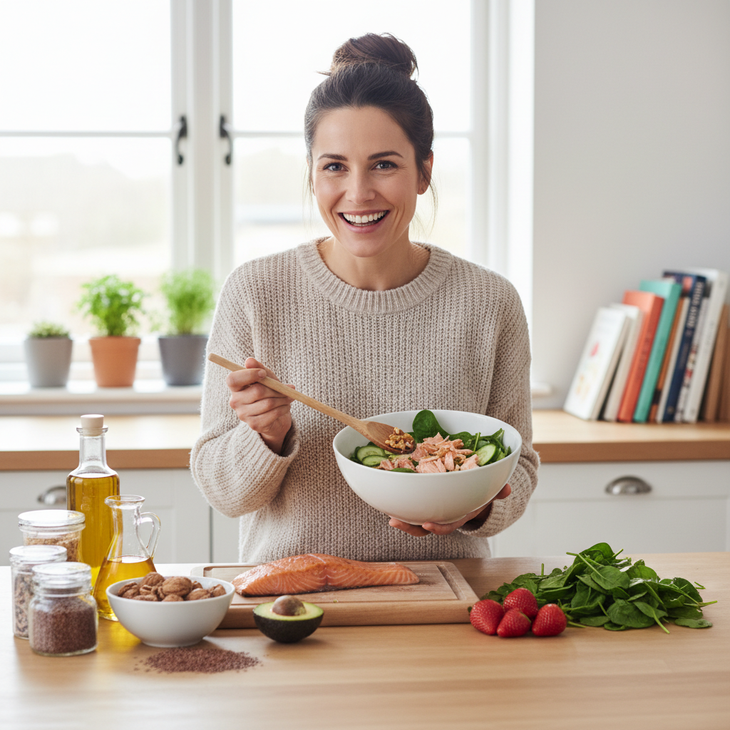 A cheerful meal planning scene showing breakfast oatmeal with berries and bananas, a snack with dark chocolate and nuts, a spinach and grilled salmon lunch salad, and a dinner plate with sweet potato mash, steamed greens, and sauerkraut representing how to incorporate mood boosting foods into daily life.
