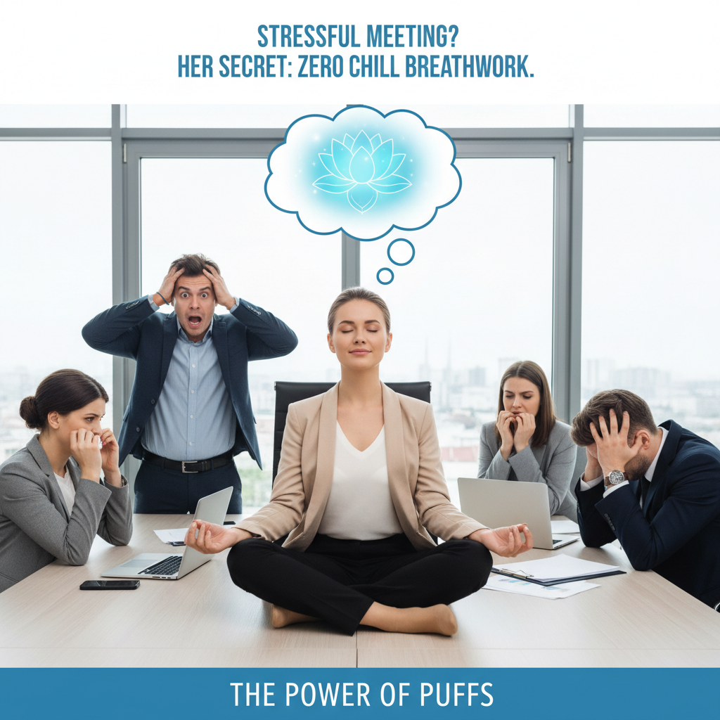 Creative image depicting the benefits of calm breathing techniques: relaxed nervous system, lowered heart rate, stress hormones leaving, and overall serene state of mind.