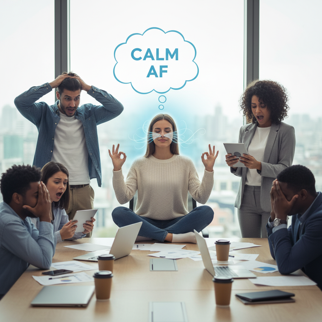 Illustration of a person in a stressful meeting looking calm AF using breathing techniques while others appear anxious, highlighting the power of breath.