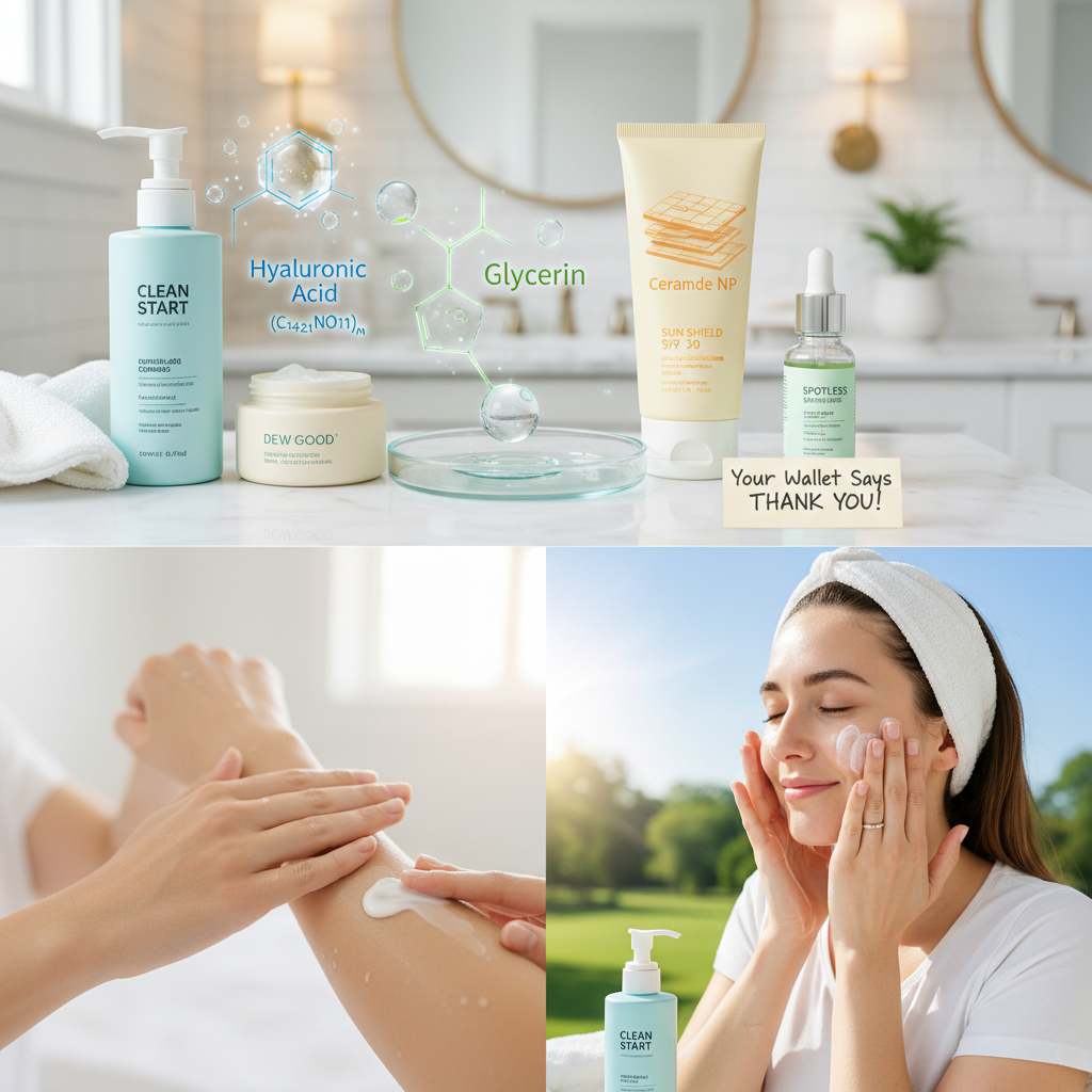 Illustration of affordable skincare products lined up on a bathroom counter, including cleanser, moisturizer, and sunscreen, showcasing budget-friendly options.