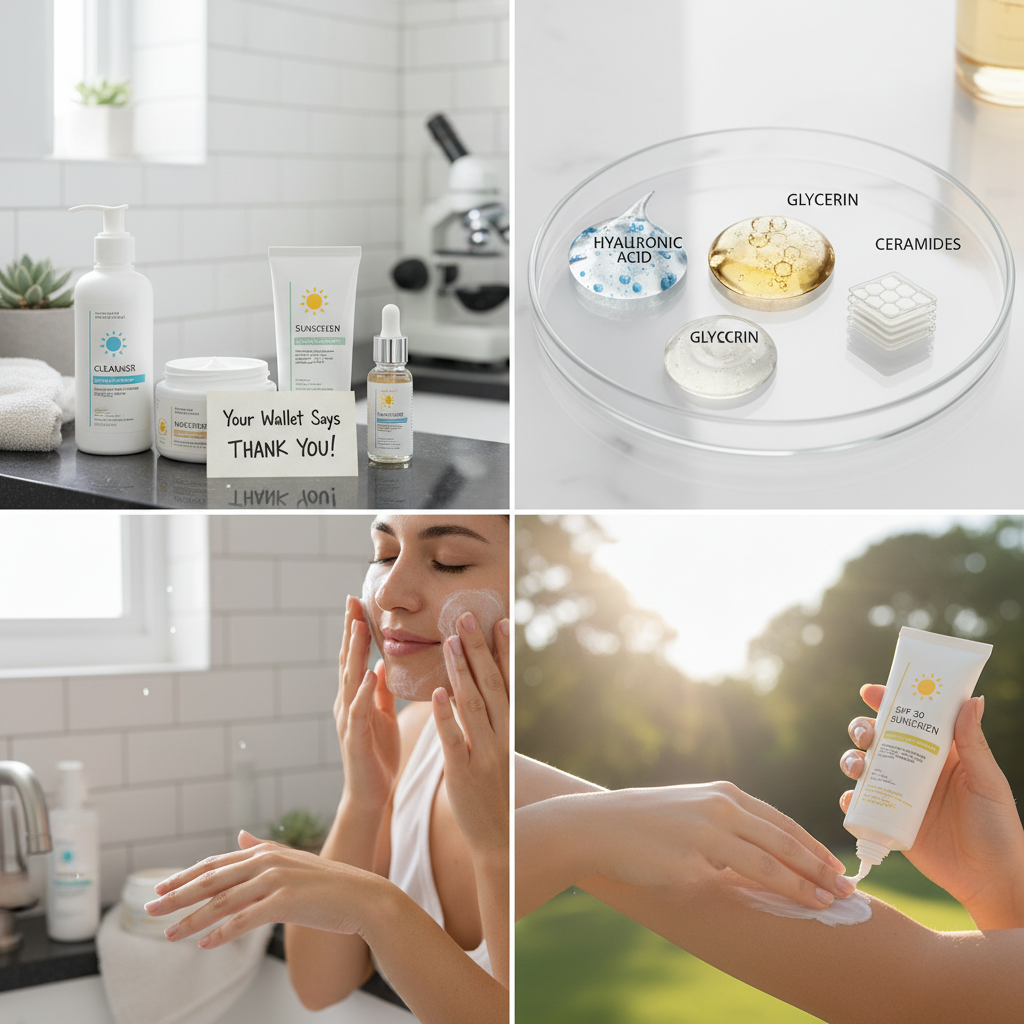 Close-up image of key skincare ingredients such as hyaluronic acid, glycerin, and ceramides represented in a visually appealing, scientific style.