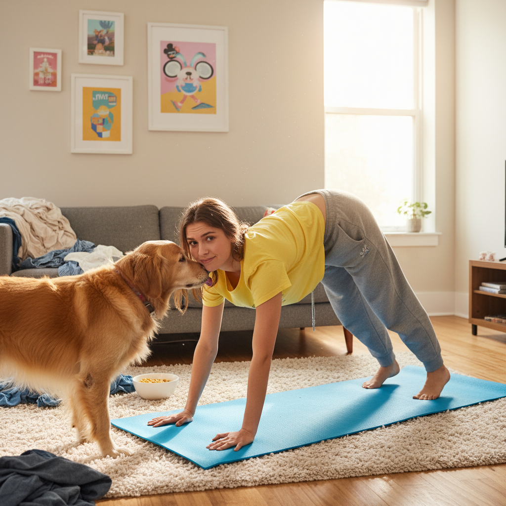 Illustration of a person starting their yoga journey at home, showing a casual and relatable beginner setting with a yoga mat in a cozy living room.