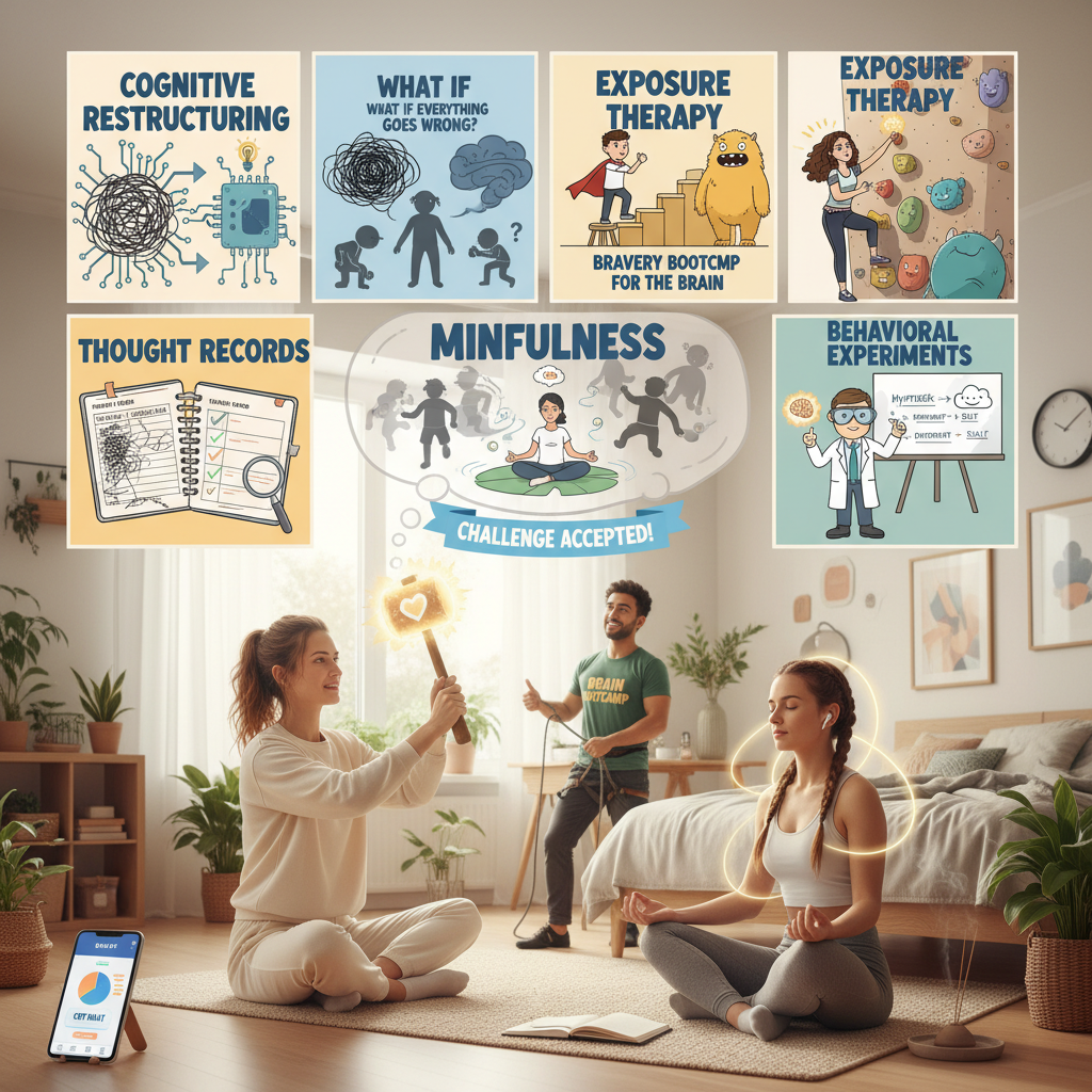 Scene of someone gradually confronting fears with support, symbolizing 'Exposure Therapy' and bravery bootcamp for the brain.