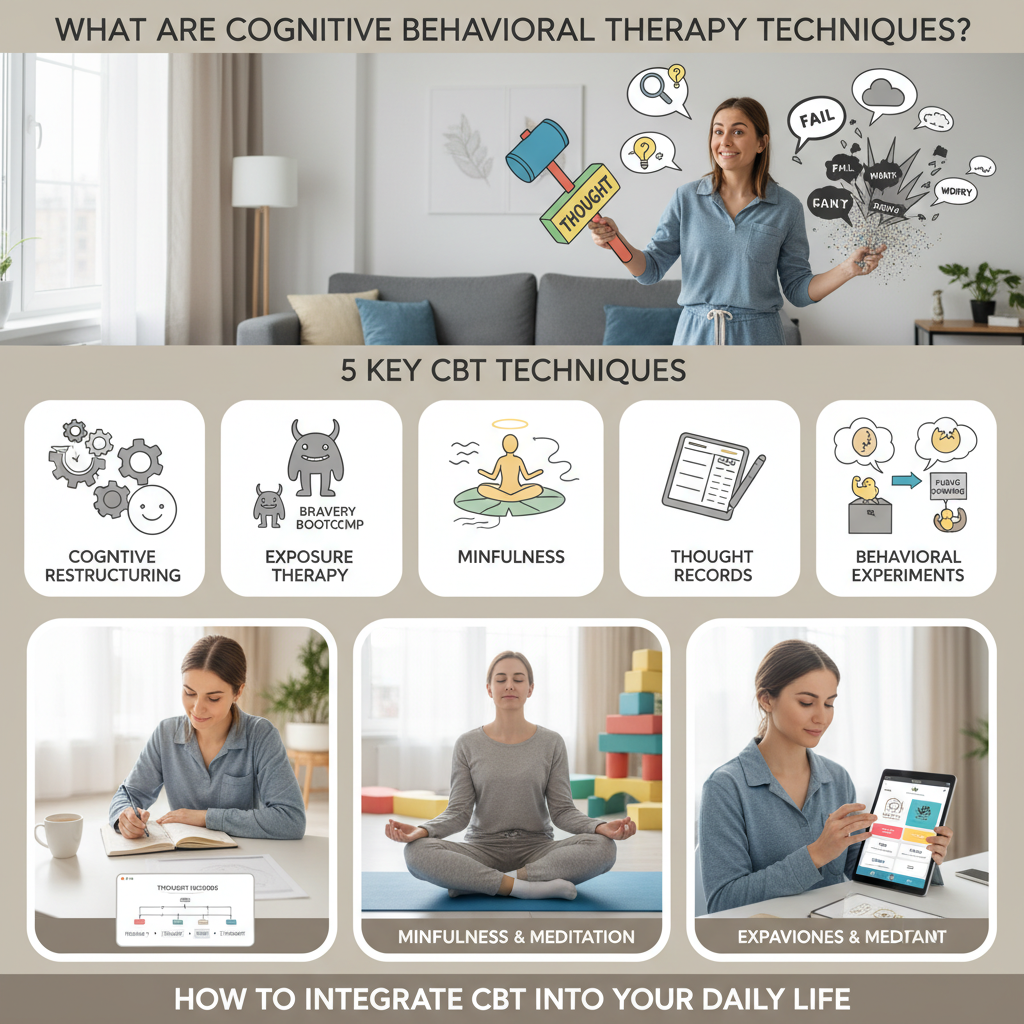 Depiction of a daily routine integrating CBT practices such as journaling thought records, mindfulness exercises, and use of a CBT app