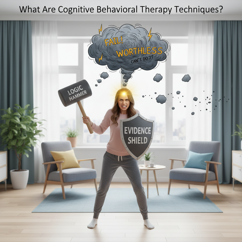 Visual representation of the five key CBT techniques: Cognitive Restructuring, Exposure Therapy, Mindfulness, Thought Records, and Behavioral Experiments with symbolic icons or scenes for each.