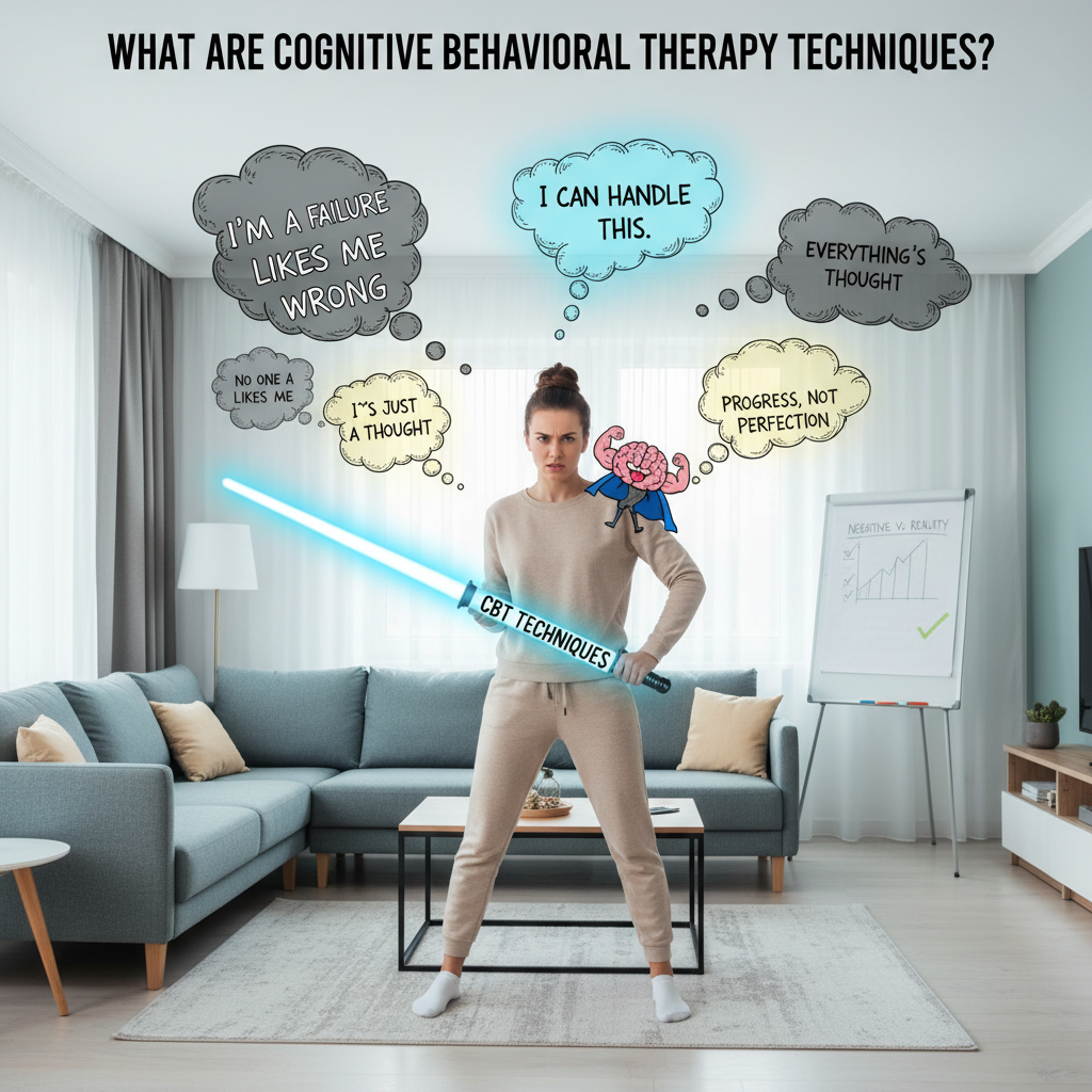 Illustration of a person using cognitive behavioral therapy techniques to challenge negative thoughts