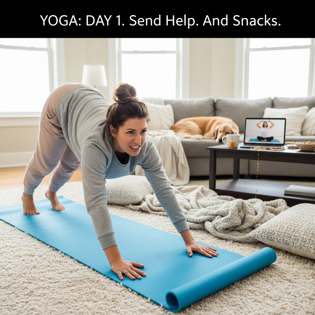 Cozy and calming yoga practice setup at home, featuring props like cushions, blankets, dim lighting, candles, and a relaxed atmosphere for stress relief.