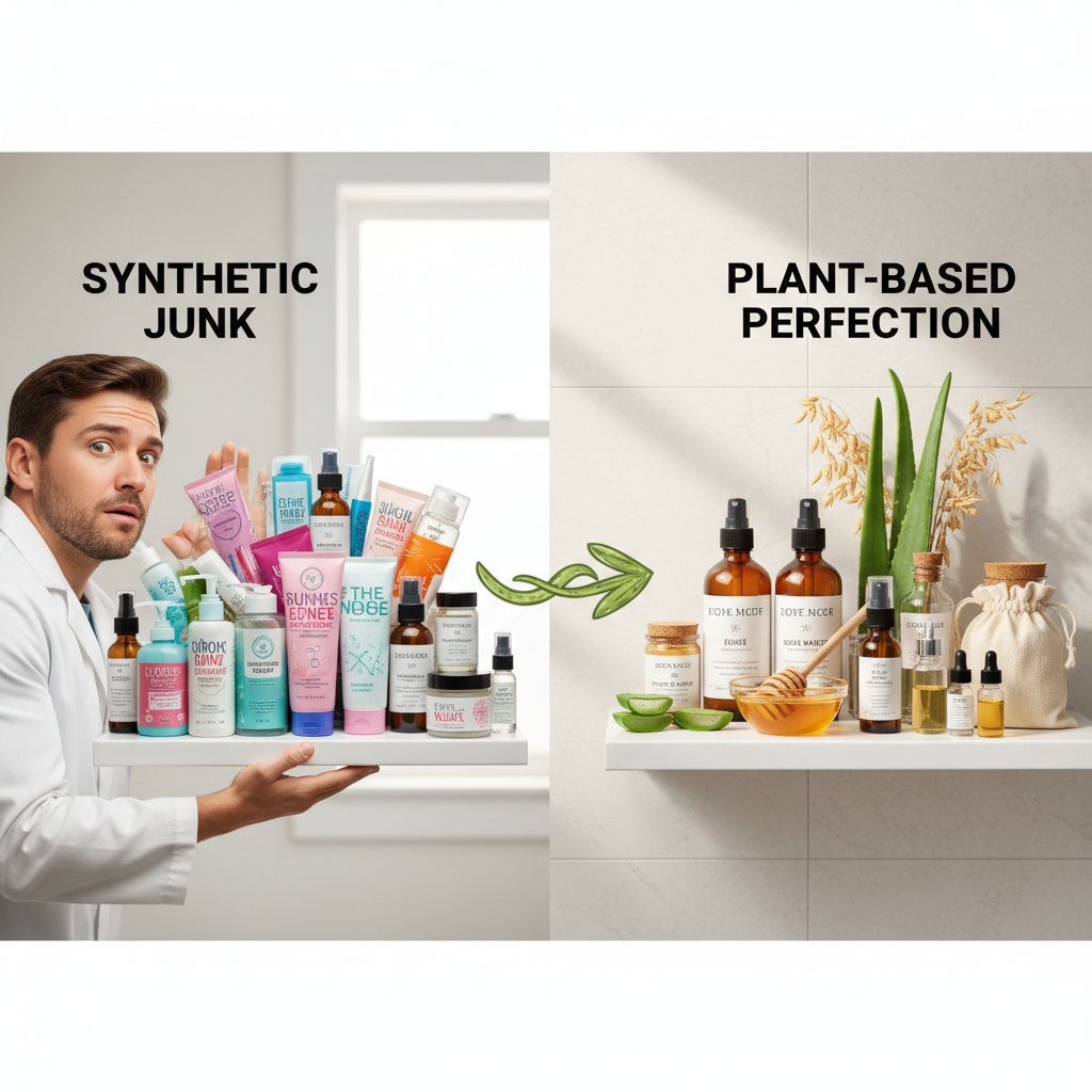 Illustration of a person switching from synthetic chemical skincare products to natural plant-based skincare, showing a cluttered bathroom shelf transforming to simple natural ingredients.