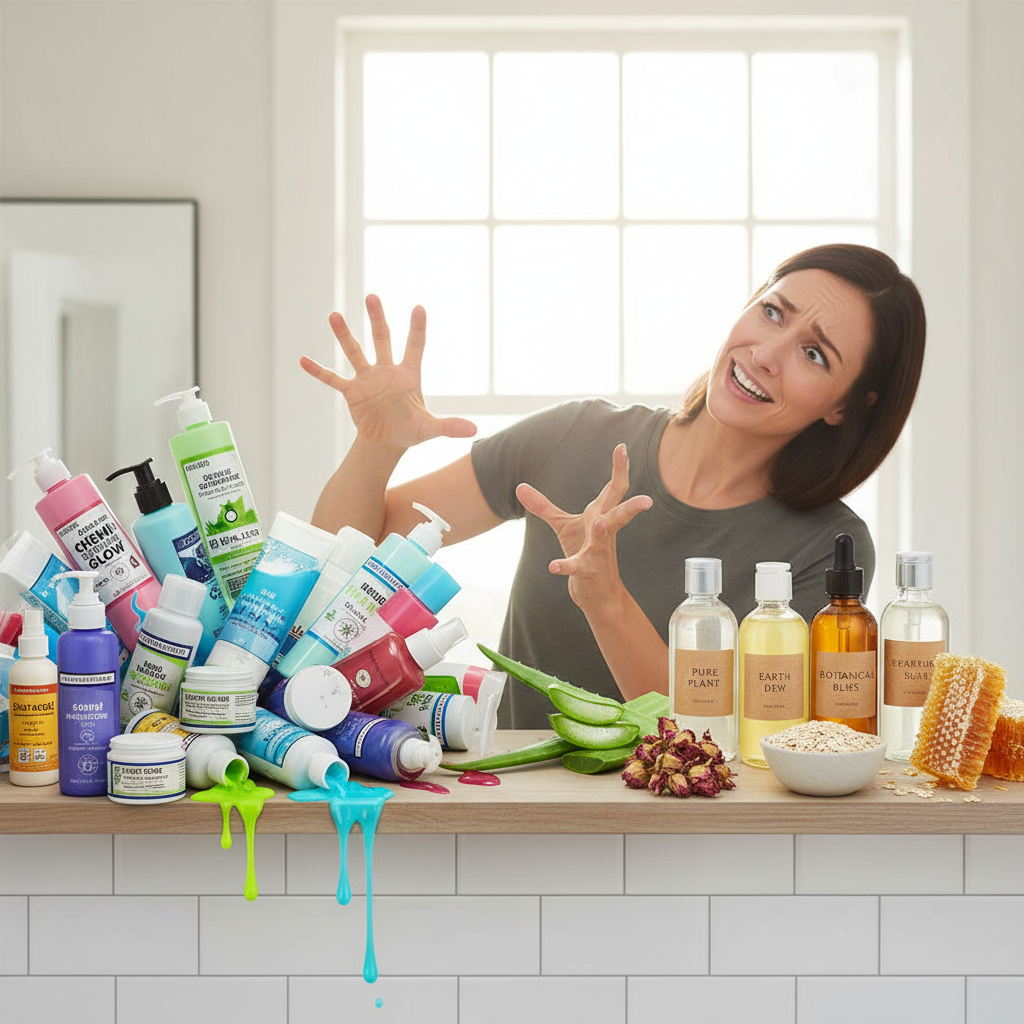 Step-by-step depiction of a natural skincare routine including cleansing with honey, exfoliating with oats, toning with rose water, treating with vitamin C, moisturizing with plant oils, and protecting with natural sunscreen.