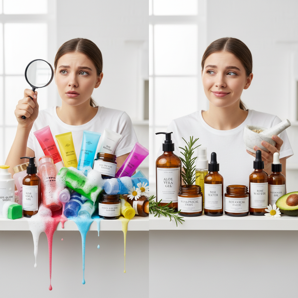 Creative image linking a balanced bundt cake with balanced skincare, symbolizing harmony and natural beauty with gentle plant-based ingredients and skincare products.