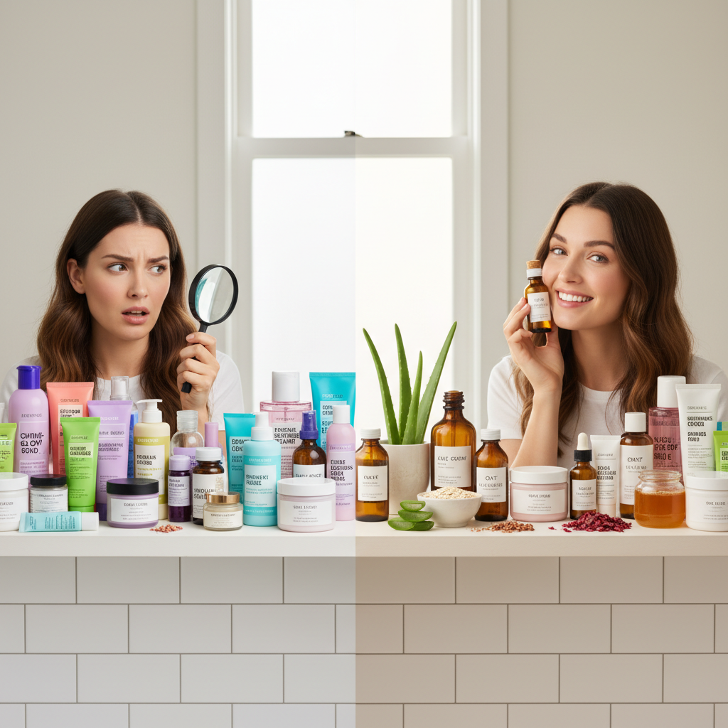 A visual representation of natural skincare ingredients like aloe vera, honey, oats, rose water, and plant oils to explain what natural skincare is made of.