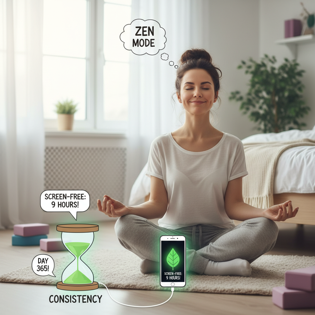 Illustration of a person incorporating daily self-care habits like deep breathing and screen-free bedtime, emphasizing the power of consistency in wellness.