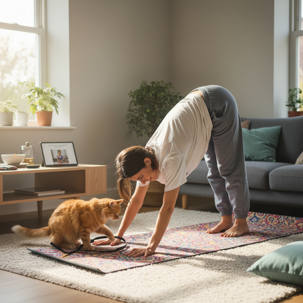 Graphic explaining the science behind yoga's stress relief benefits, highlighting reduced cortisol levels and relaxation of neck, shoulder, and back muscles.