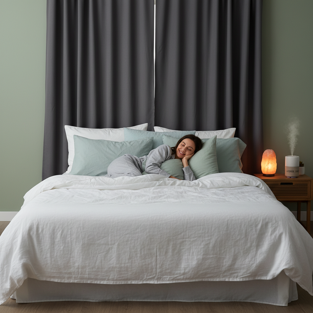 Blackout curtains, comfortable mattress, soft pillows, and essential oils for sleep sanctuary setup