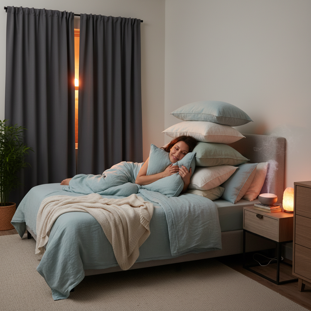 Dim warm bedside lamp and lavender essential oil diffuser creating relaxing atmosphere