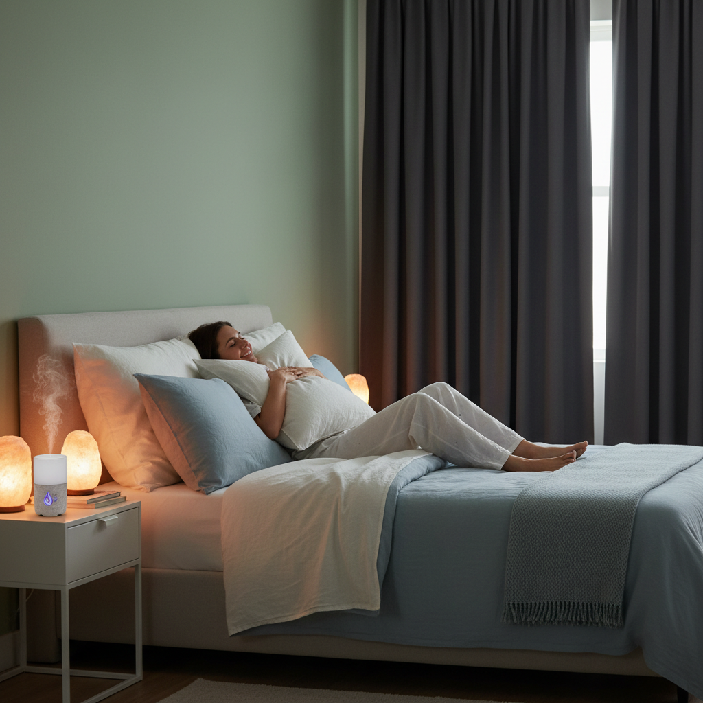 Cozy, minimalist bedroom sleep sanctuary with soft lighting and calming decor