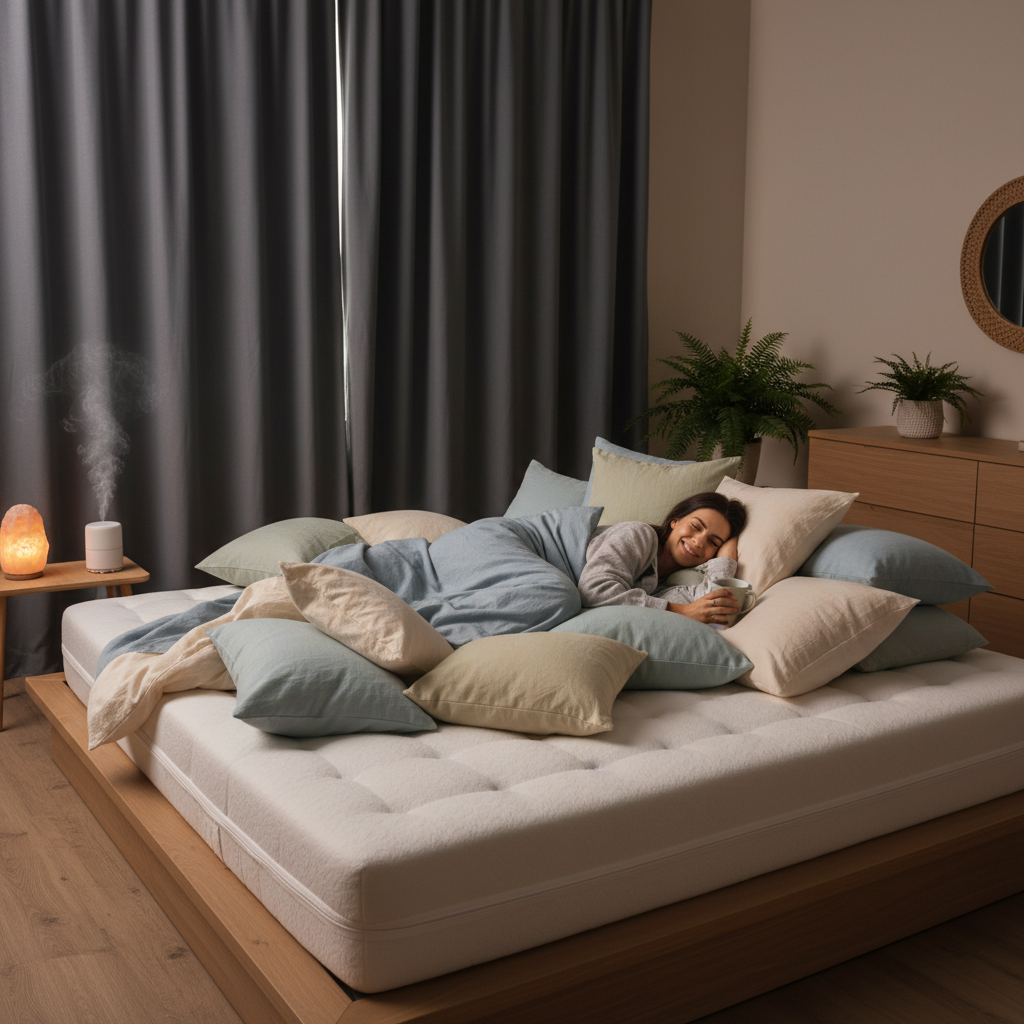 Layered pillows and breathable cotton bedding in peaceful sleep sanctuary