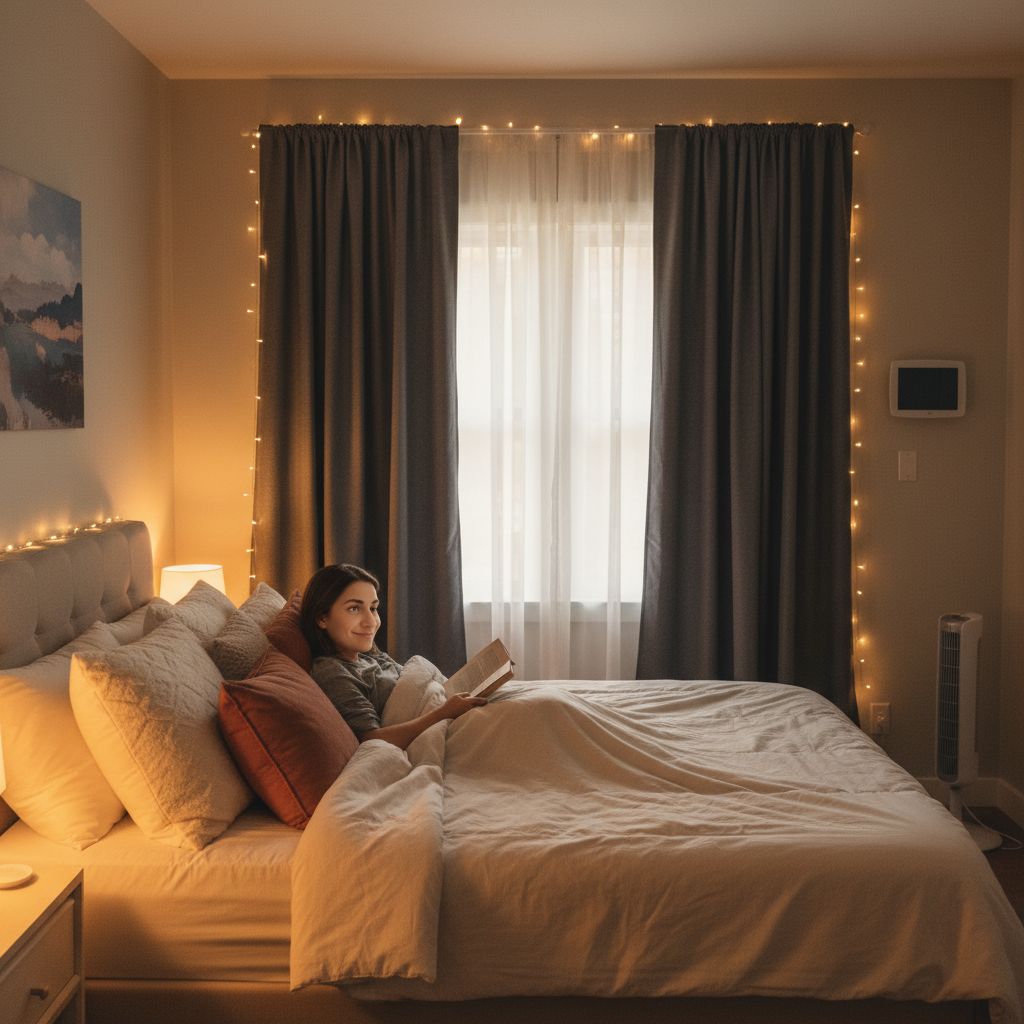 A peaceful bedroom setup emphasizing temperature and sound control with a white noise machine, layered blankets, thick curtains, and a visible thermostat or fan.