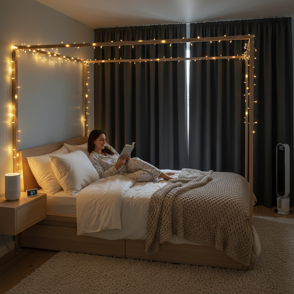 A cozy bedroom scene showcasing warm, dimmable lighting with blackout curtains and soft fairy lights creating a calm and restful ambiance.