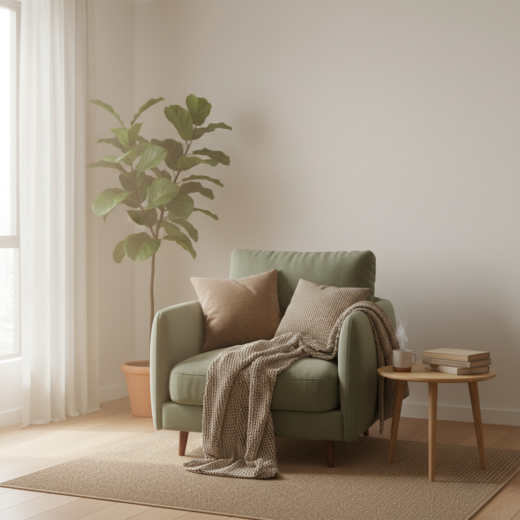 An inviting home relaxation space showing decluttered, minimalist design with soft lighting, candles or warm lamps, and personal touches like books and quirky art.