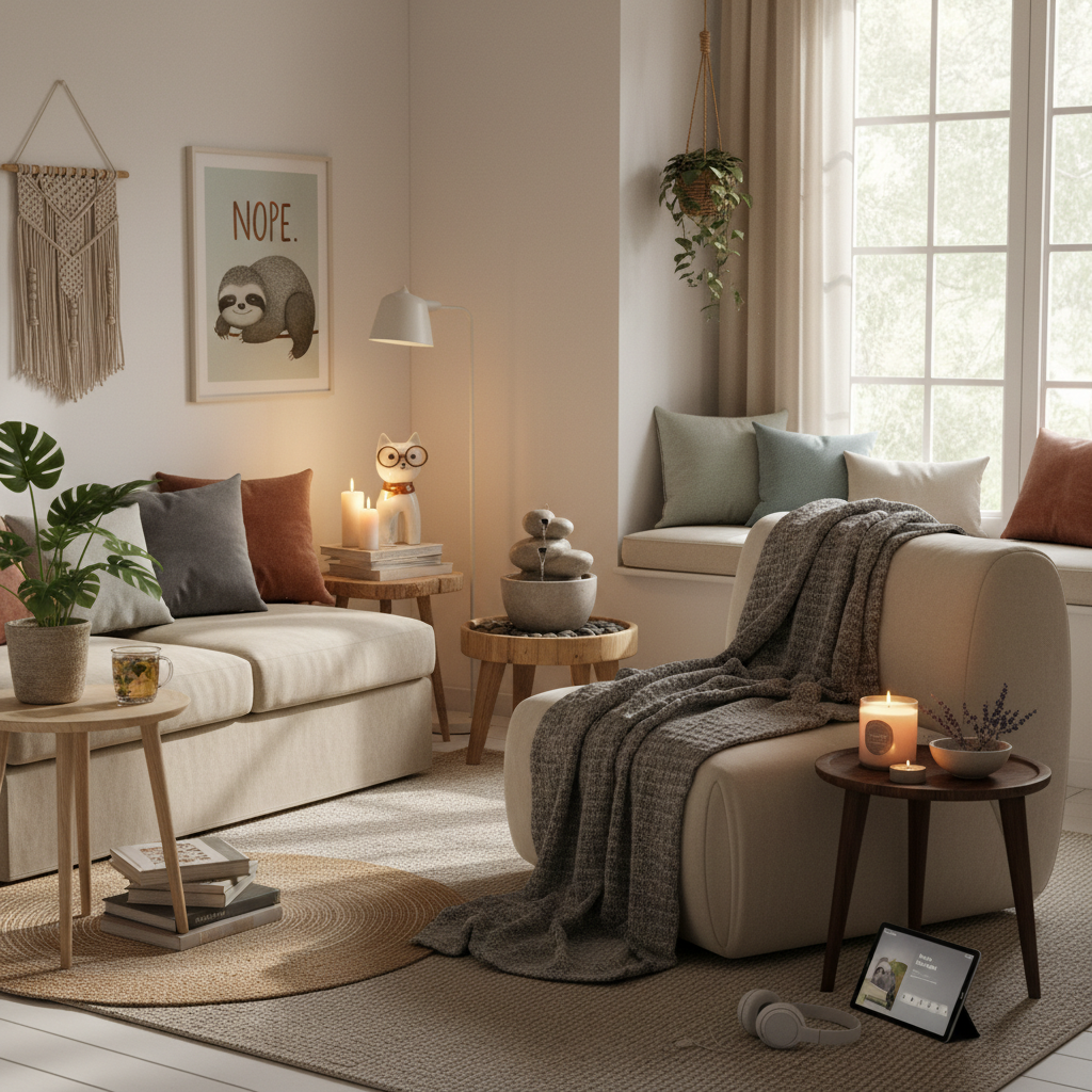 A calm and serene window seat or nook with natural light flooding in, plush cushions, and a small indoor water fountain creating soothing ambient sounds.