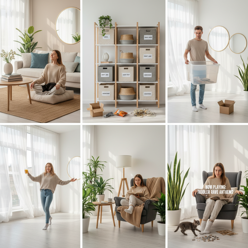 A serene and tidy living room with soft lighting, showcasing a calm and peaceful home environment emphasizing mental well-being.