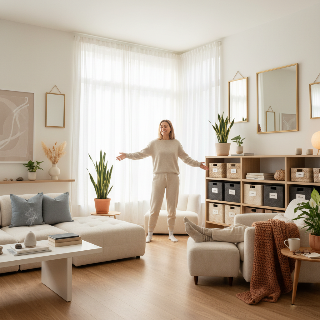 A light-filled room with large windows, sheer curtains, and mirrors reflecting natural sunlight creating a bright and happy atmosphere.