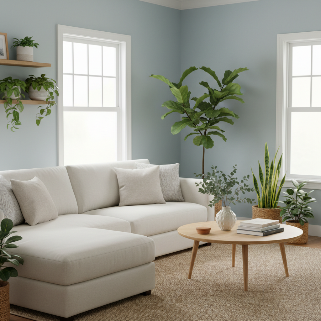 A peaceful living room painted in soft blue tones with a few indoor plants, showcasing a calm and serene atmosphere.