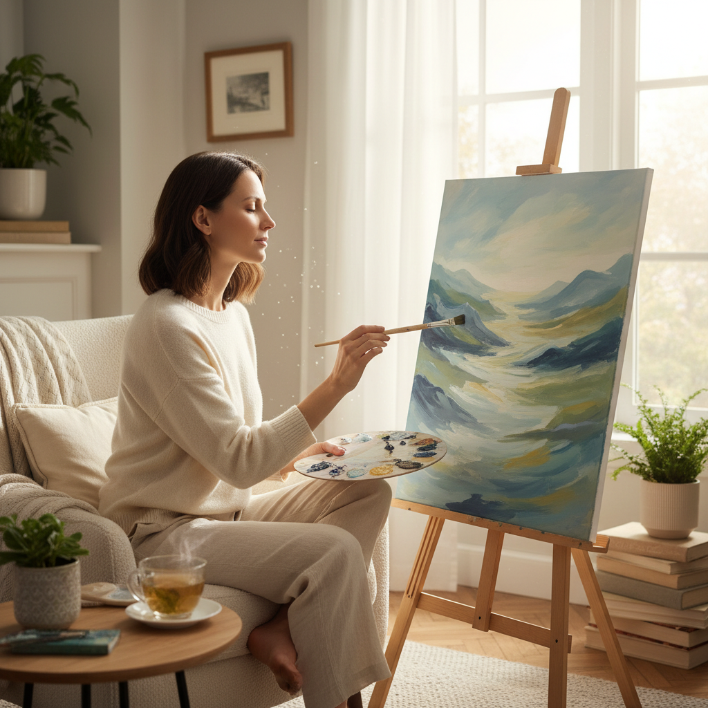 A person creating art in a group setting, such as a virtual craft night or poetry circle, engaging socially while nurturing creativity with others.