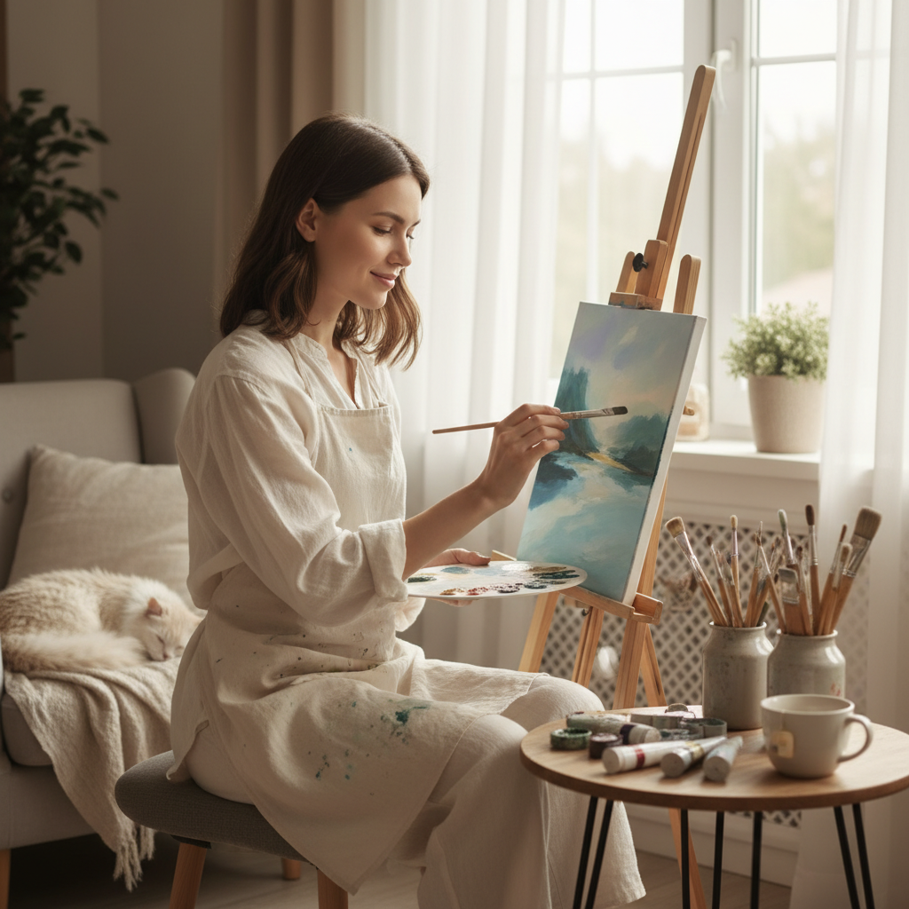 An individual calmly painting at a canvas in a cozy room, illustrating the calming and emotional balance benefits of creative self-care.