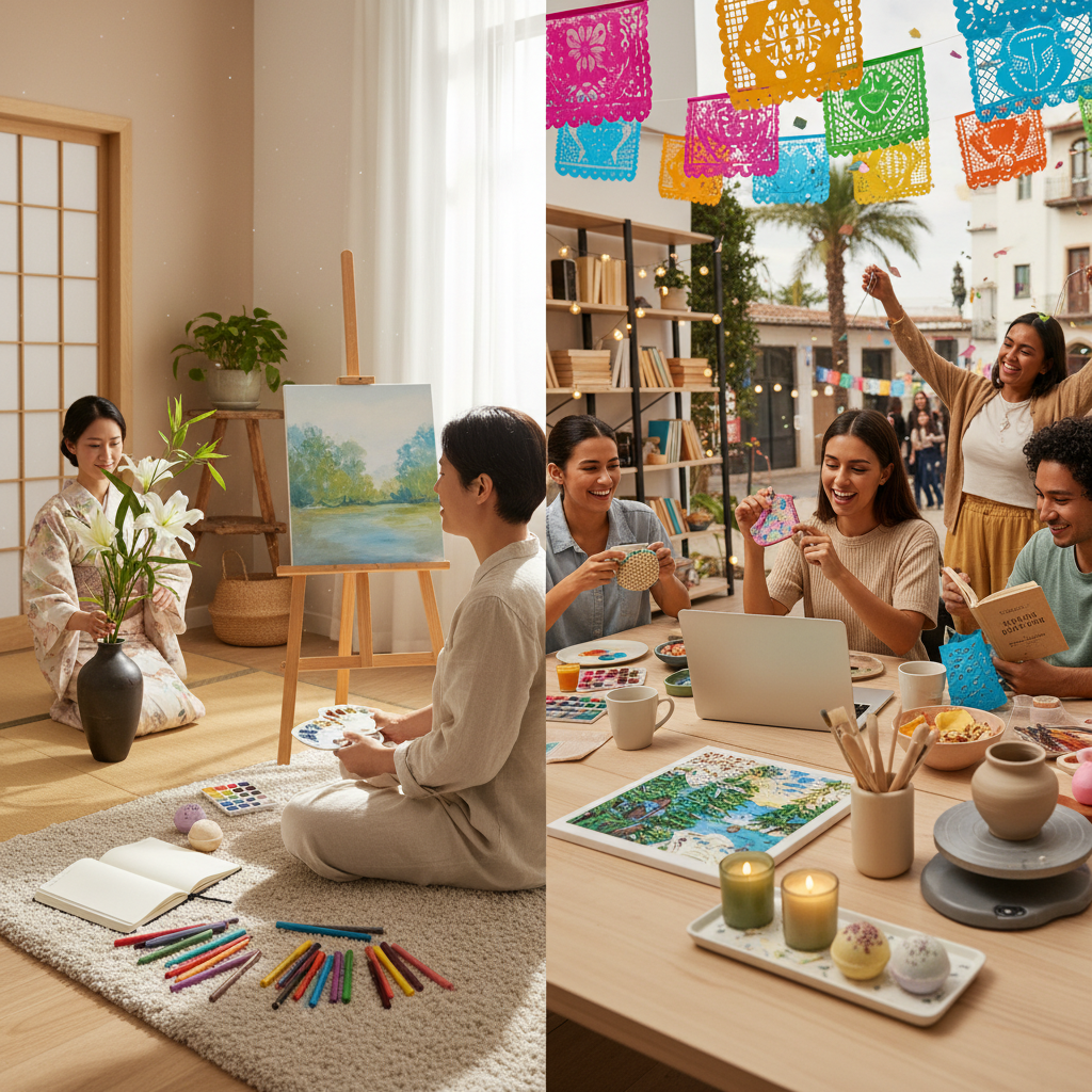 Various creative self-care activities displayed together: journaling with colorful pens, DIY crafts like scented candles and bath bombs, a paint-by-number kit, and a small pottery project.