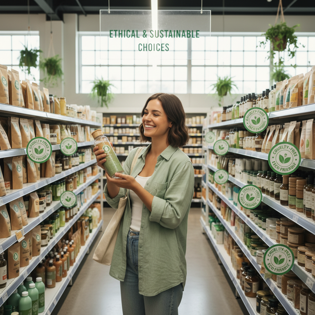 An illustrated infographic-style image displaying the benefits of cruelty-free and eco-friendly products: safety, animal kindness (happy animals), planet protection (green earth and recycling), ethical brands support, and skin-friendliness (healthy skin depiction).